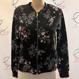 Clockhouse. Size M. Zip Up Black Floral Sweater. Long Sleeve Cardigan. B16